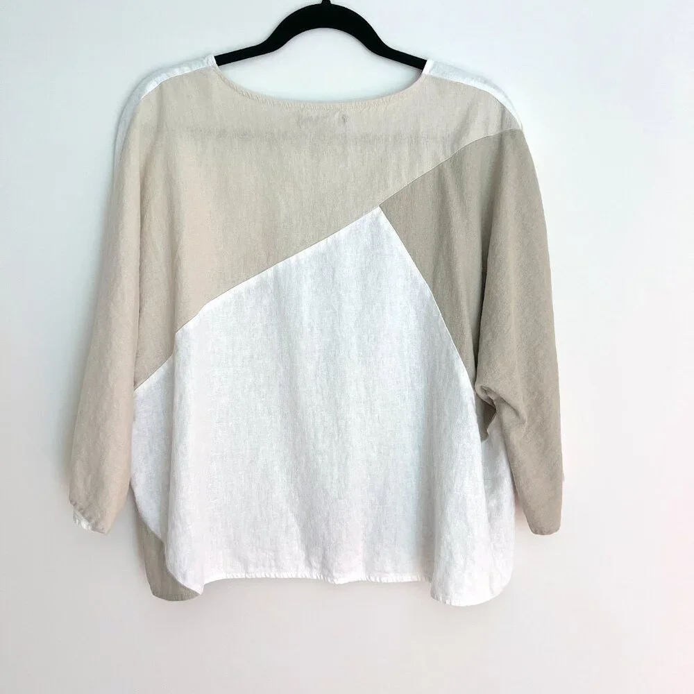 For Cynthia White Tan Linen Neutral Boxy Batwing Sleeve Blouse M